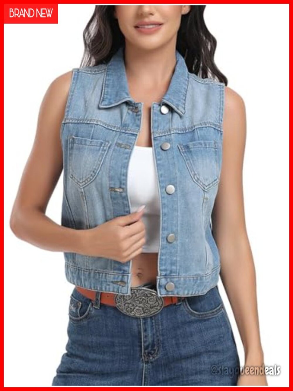 Sleeveless Cropped Denim Vest Distressed Button Jean Vest with Pockets